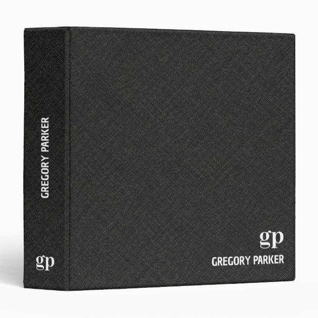 Black Linen Texture Monogram Minimalism  3 Ring Binder (Front/Spine)