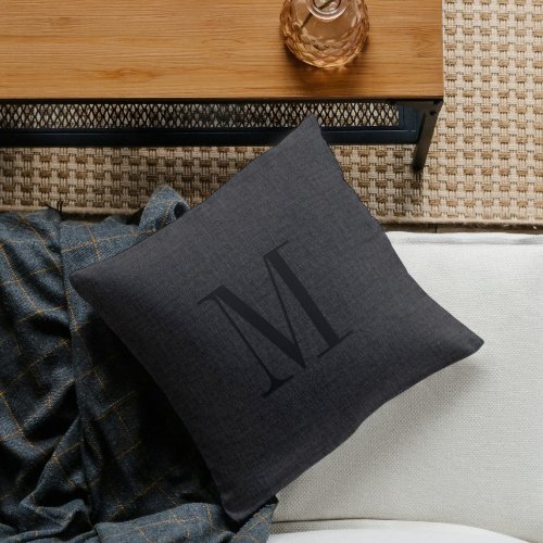 Black linen texture monogram throw pillow