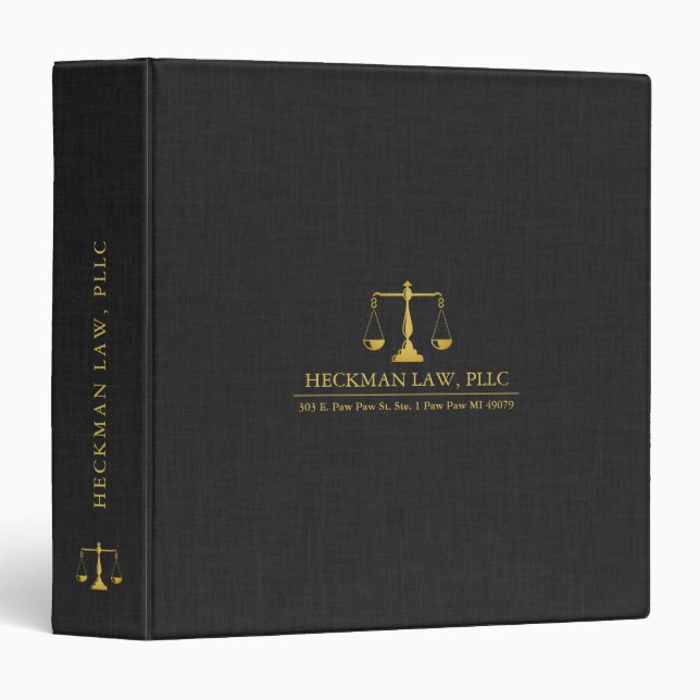 Black Linen Texture Print Gold Justice Scale 3 Ring Binder (Front/Spine)