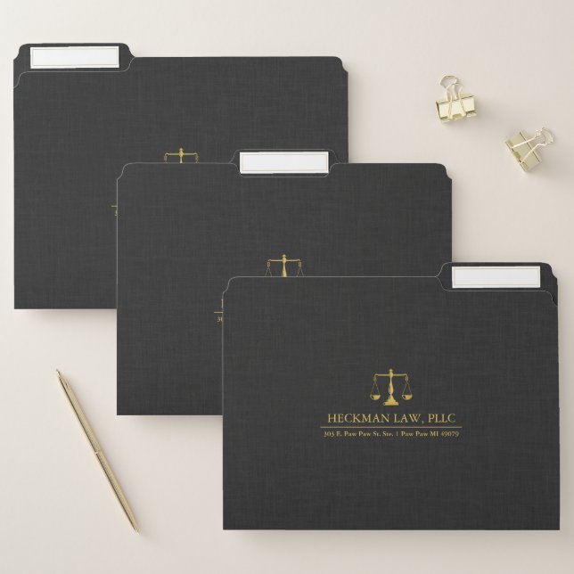 Black Linen Texture Print Gold Justice Scale File Folder (Set)