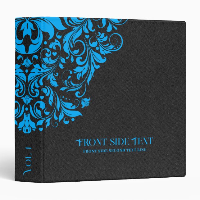 Black Linen Texture With Blue Floral Lace 3 Ring Binder (Front/Spine)