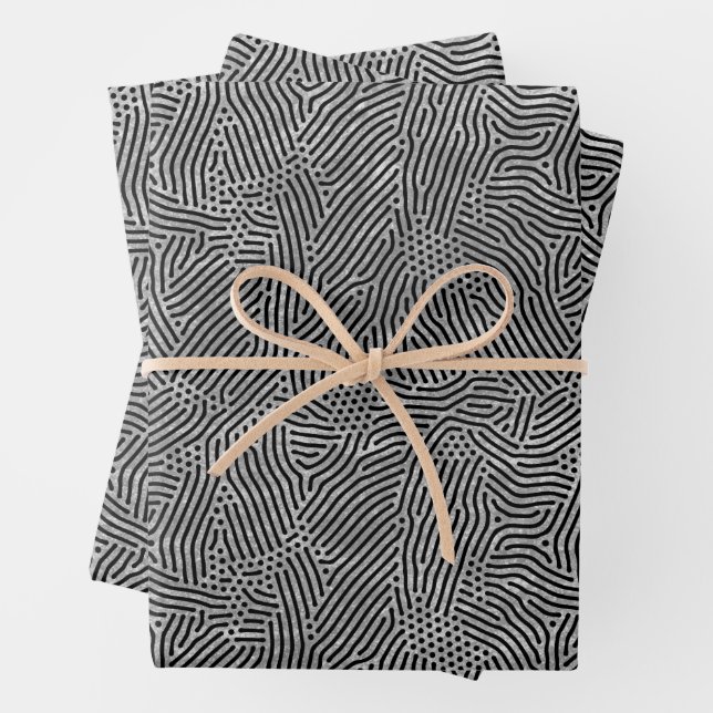 Black Lines Dots Silver Faux Foil Wrapping Paper Sheets (In situ)