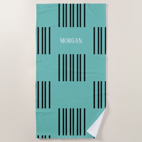 Black Lines on Light teal with Name Beach Towel