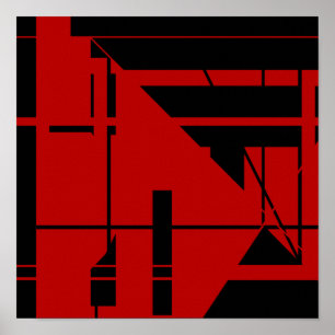 Black Lines Shapes on Deep Red Geometric Abstract Poster