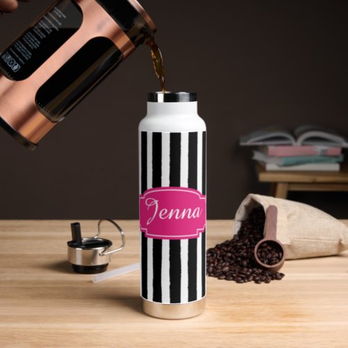 Black lines with hot pink black geometric label water bottle