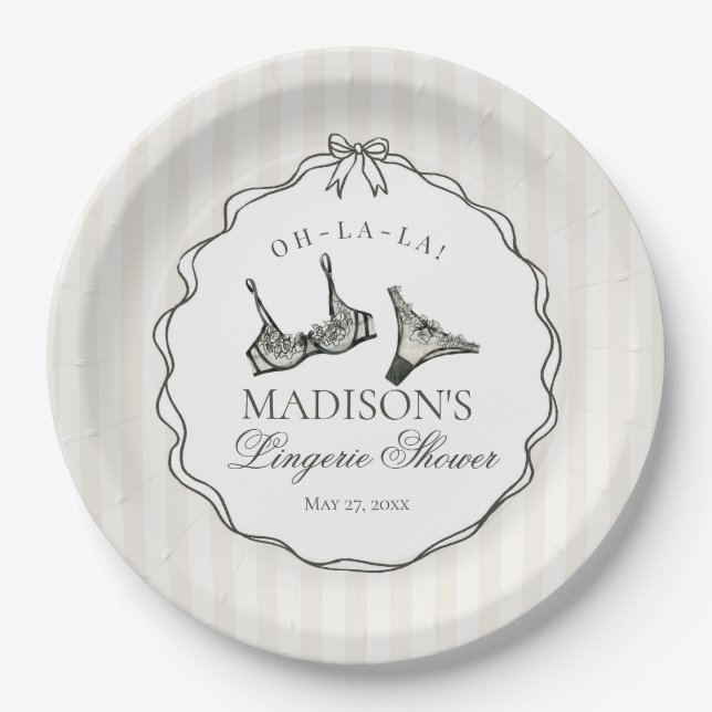 Black Lingerie Shower Bachelorette Bridal Bow Paper Plates (Front)