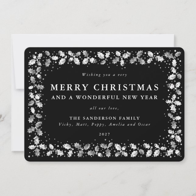 Black Lino Printed Holly Holiday Card (Front)
