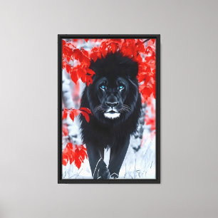 Black Lion in Snow Framed Canvas Print