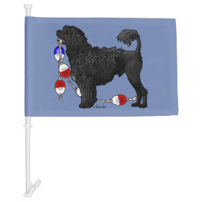 Black Lion Portuguese Water Dog with Float Line Car Flag