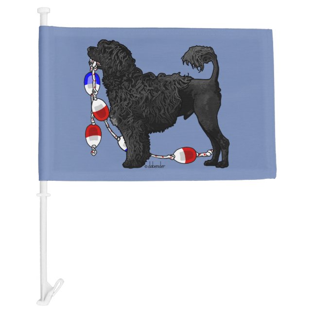 Black Lion Portuguese Water Dog with Float Line Car Flag (Front)