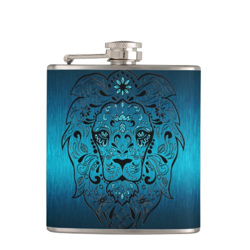 Black Lion Sugar Skull Metallic Blue Background Flask