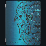 Black Lion Sugar Skull Metallic Blue Background iPad Smart Cover<br><div class="desc">Cool black lion floral sugar skull with blue glitter accent over blue tones metallic background brushed steel look. This is just an image and not real metal or glitter. If you need any help customizing any of my designs, contact ArtOnWear designer. Free text formatting with live help available by request....</div>