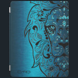 Black Lion Sugar Skull Metallic Blue Background iPad Smart Cover<br><div class="desc">Cool black lion floral sugar skull with blue glitter accent over blue tones metallic background brushed steel look. This is just an image and not real metal or glitter. If you need any help customizing any of my designs, contact ArtOnWear designer. Free text formatting with live help available by request....</div>