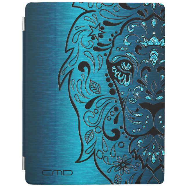 Black Lion Sugar Skull Metallic Blue Background iPad Smart Cover (Front)