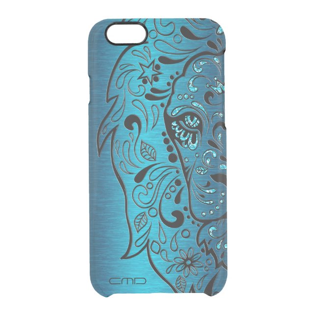Black Lion Sugar Skull Metallic Blue Background Uncommon iPhone Case (Back)