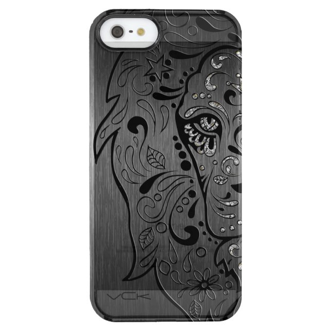 Black Lion Sugar Skull Metallic Gray Background Uncommon iPhone Case (Back)