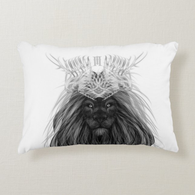 Black Lion with Antlers Crown and Monogram Accent Pillow (Front)