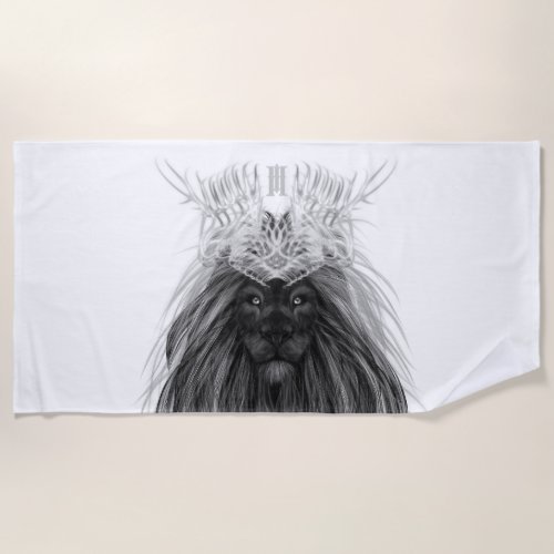 Black Lion with Antlers Crown and Monogram Beach Towel