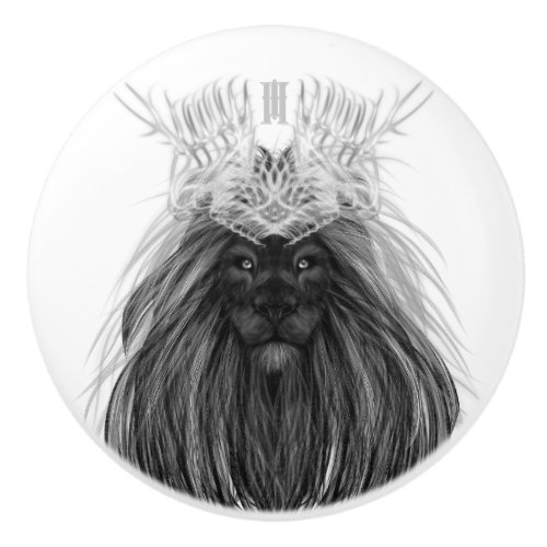 Black Lion with Antlers Crown and Monogram Ceramic Knob