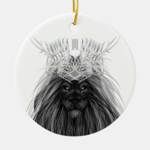 Black Lion with Antlers Crown and Monogram Ceramic Ornament