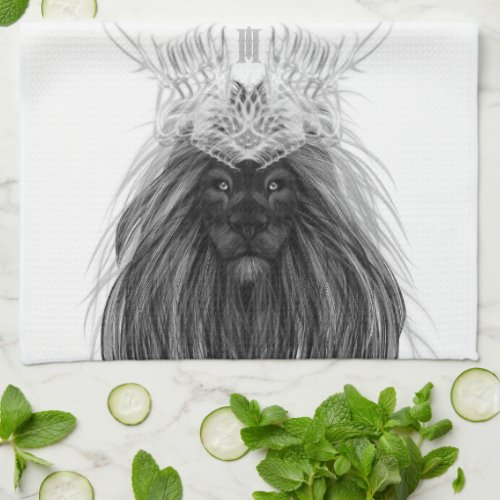 Black Lion with Antlers Crown and Monogram Kitchen Towel