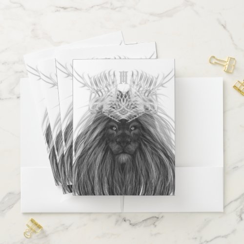 Black Lion with Antlers Crown and Monogram Pocket Folder