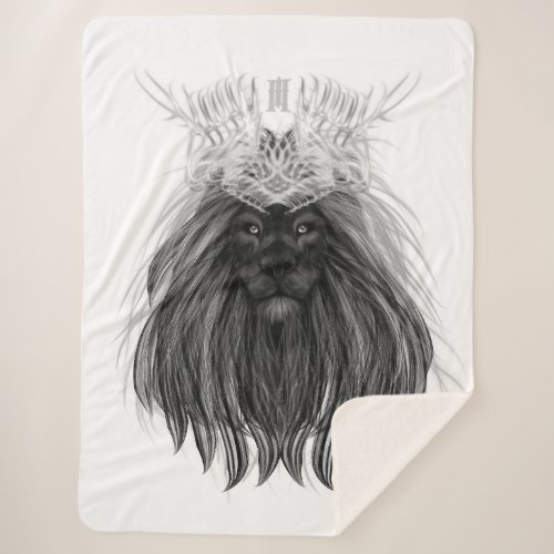 Black Lion with Antlers Crown and Monogram Sherpa Blanket