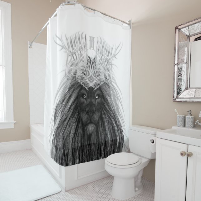 Black Lion with Antlers Crown and Monogram Shower Curtain (In Situ)
