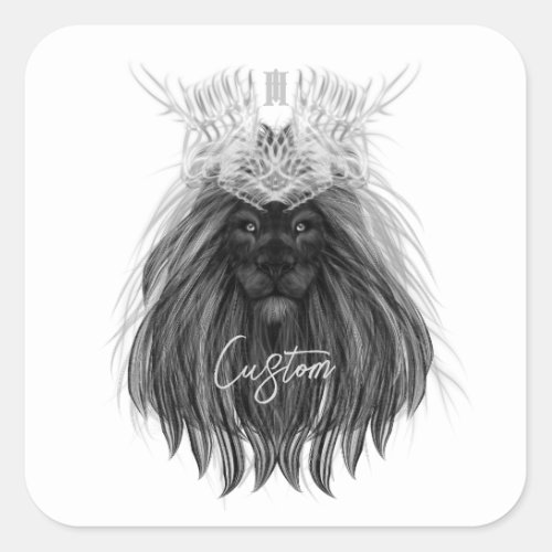 Black Lion with Antlers Crown and Monogram Square Sticker