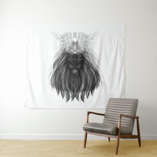 Black Lion with Antlers Crown and Monogram Tapestry