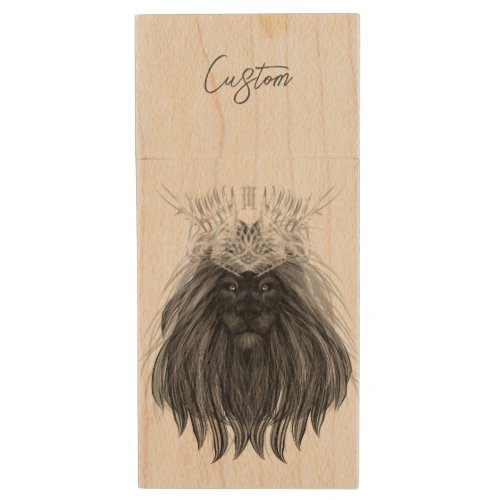Black Lion with Antlers Crown and Monogram Wood Flash Drive