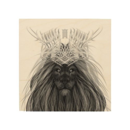 Black Lion with Antlers Crown and Monogram Wood Wall Art