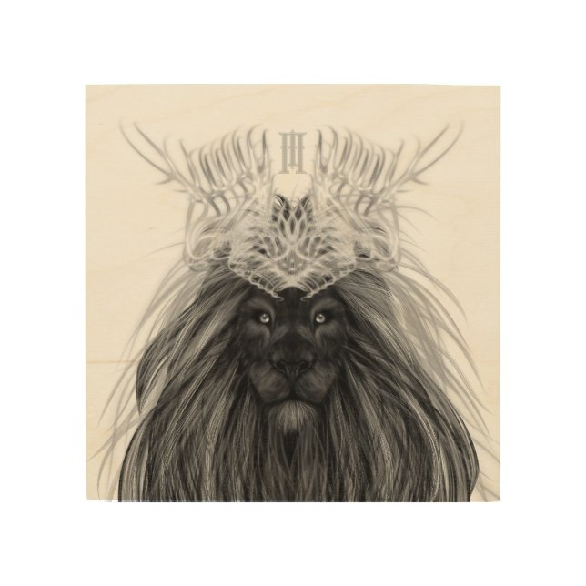 Black Lion with Antlers Crown and Monogram Wood Wall Art (Front)