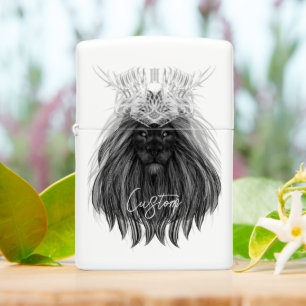 Black Lion with Antlers Crown, Name and Monogram Zippo Lighter