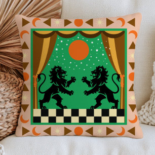 Black Lions on Green Celestial Checkered Folk Art Throw Pillow