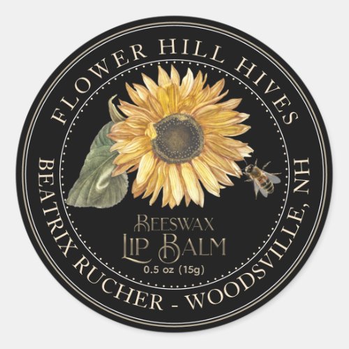 Black Lip Balm Label Sunflower Metallic Gold Text