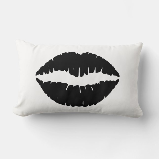 Black Lips on White Lumbar Pillow (Front)