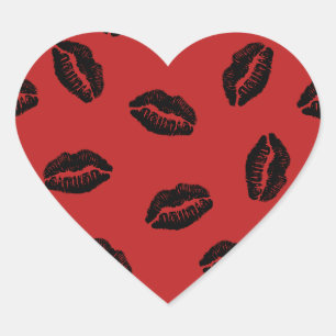 Black Lips Pattern on Red Background Heart Sticker