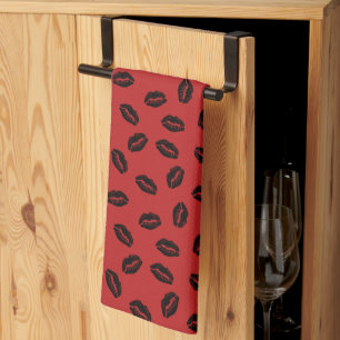 Black Lips Pattern on Red Background Kitchen Towel