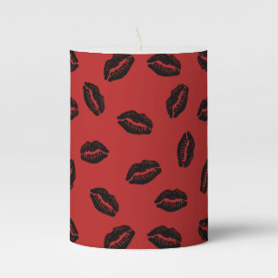 Black Lips Pattern on Red Background Pillar Candle