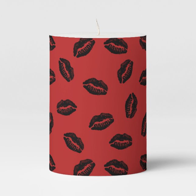 Black Lips Pattern on Red Background Pillar Candle (Front)