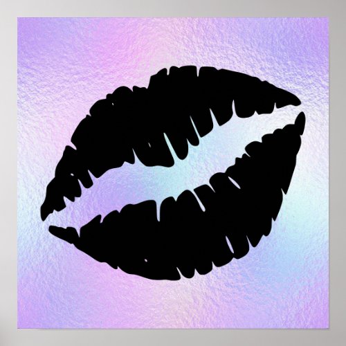 Black Lipstick Kiss on Pastel Iridescent Foil Poster