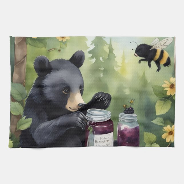 Black little bear with blackberry jams kitchen towel (Horizontal)