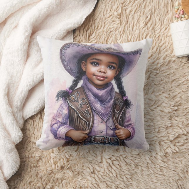 Black Little Girl In Purple Cowgirl Fashion Throw Pillow (Blanket)