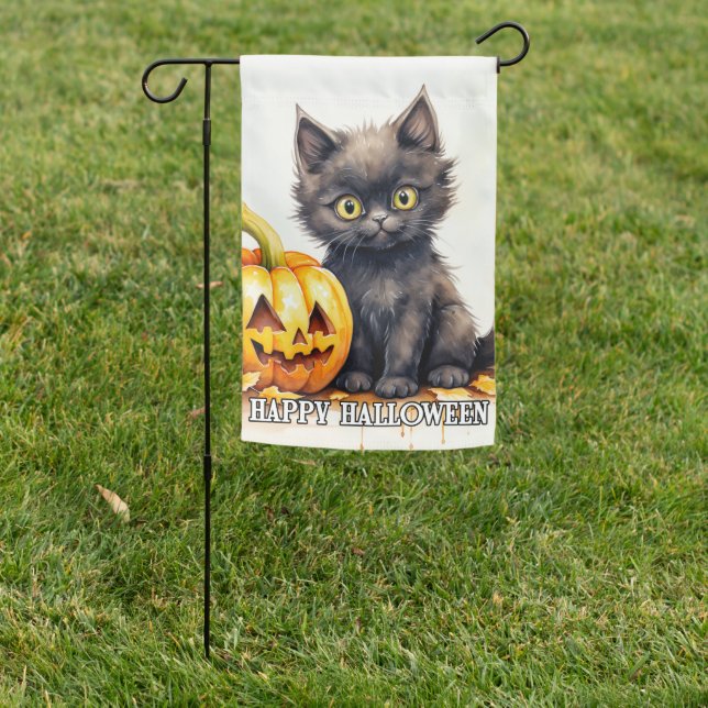 Black Little Kitten | Happy Halloween Garden Flag (In SItu)