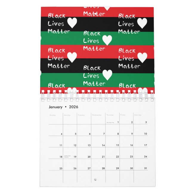 Black Lives Matter Pan-African Flag White Heart Calendar (Jan 2026)