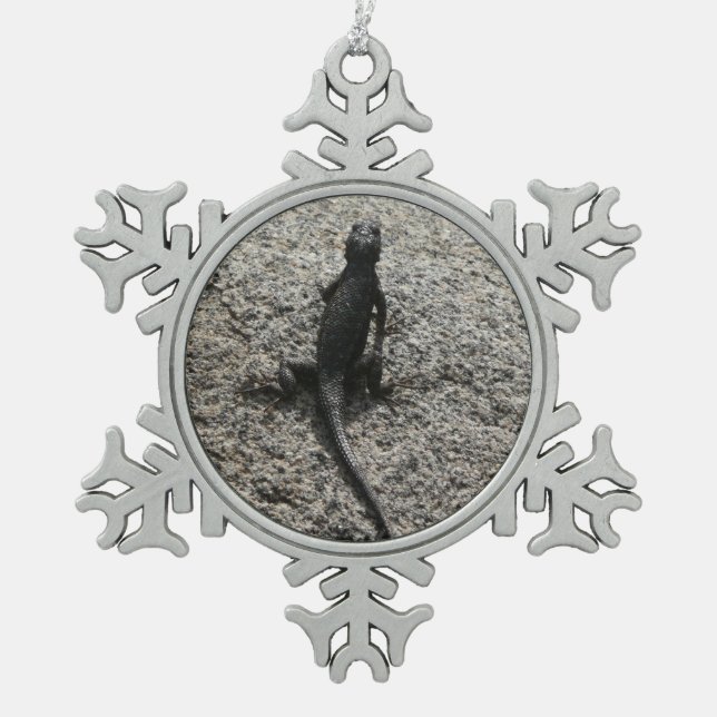 Black Lizard Snowflake Pewter Christmas Ornament (Front)