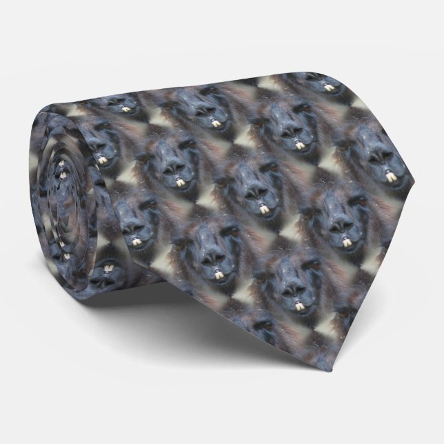 Black Llama Face Nature Pattern Neck Tie (Rolled)