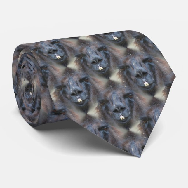 Black Llama Face Nature Pattern Neck Tie (Rolled)