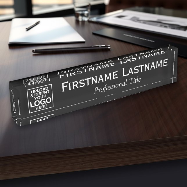 Black - Logo, Name and Professional Title Desk Name Plate (Personalized Name Plate - Custom Logo Executive Desk Plate with Name and Professional Title)